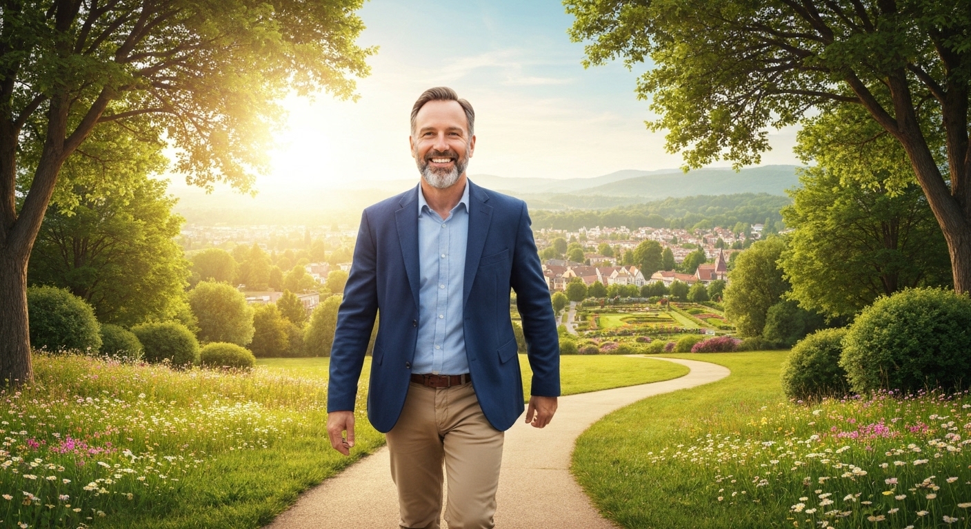 성공적인 퇴직연금 준비를 통해 밝고 풍요로운 노후를 향해 나아가는 사람의 모습.