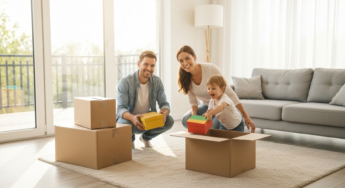 새로운 집으로 입주하여 행복하게 짐을 정리하는 가족