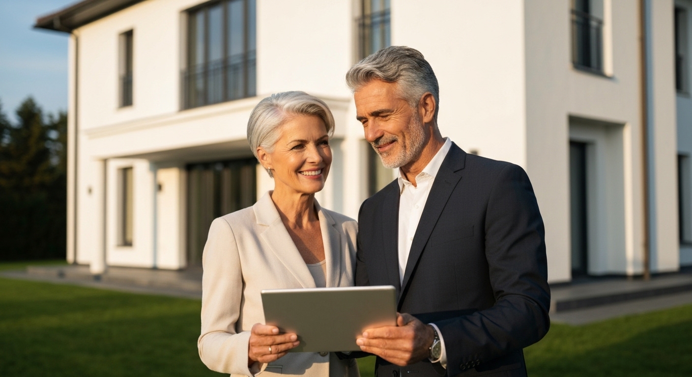 50대 부부가 주택 앞에서 은퇴 후 자산 계획을 논의하는 모습