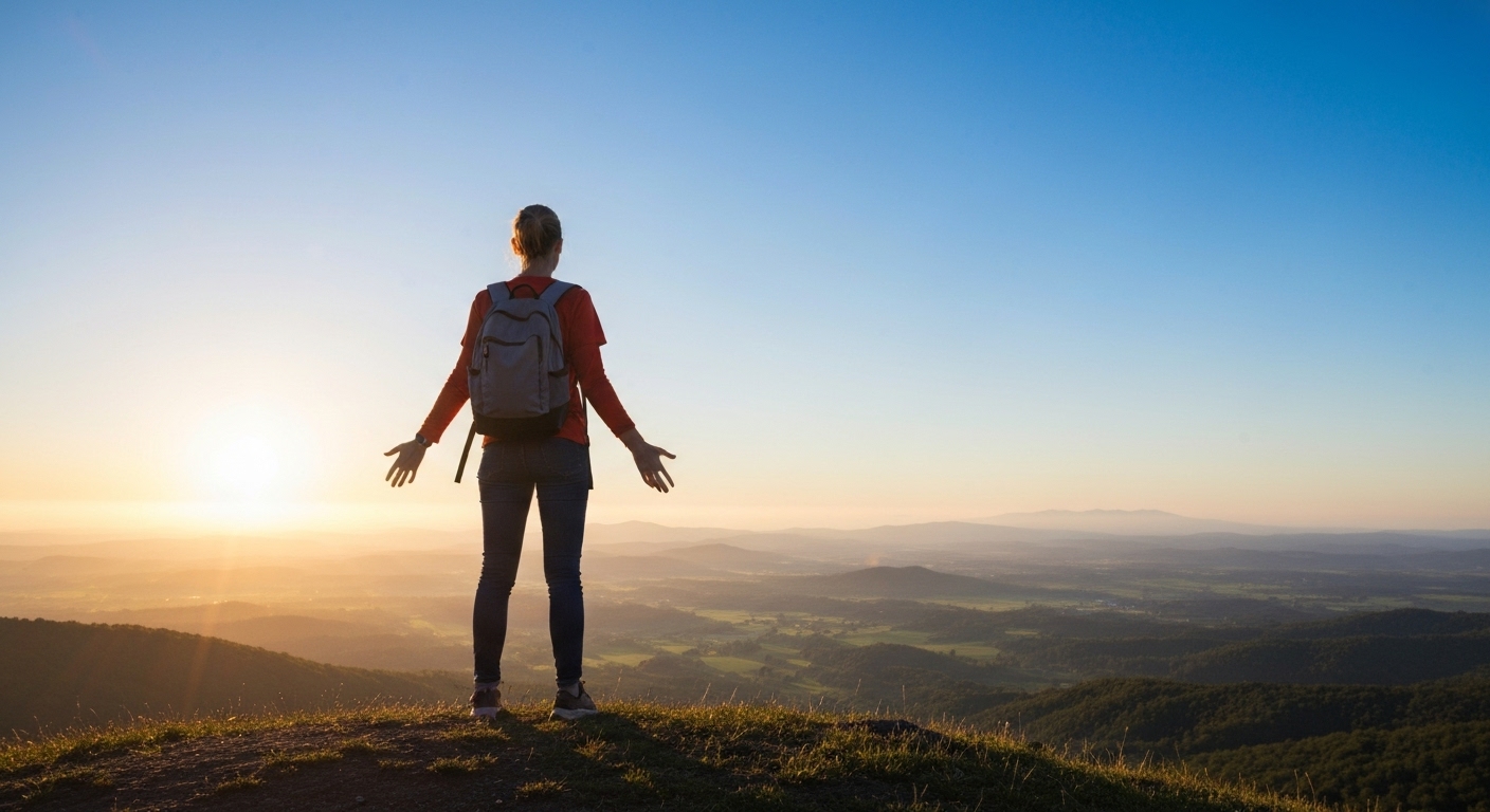 언덕 위에서 떠오르는 태양을 바라보며 자신감 있고 희망찬 모습으로 서 있는 사람으로, 경제적 자유와 안정적인 미래를 상징
