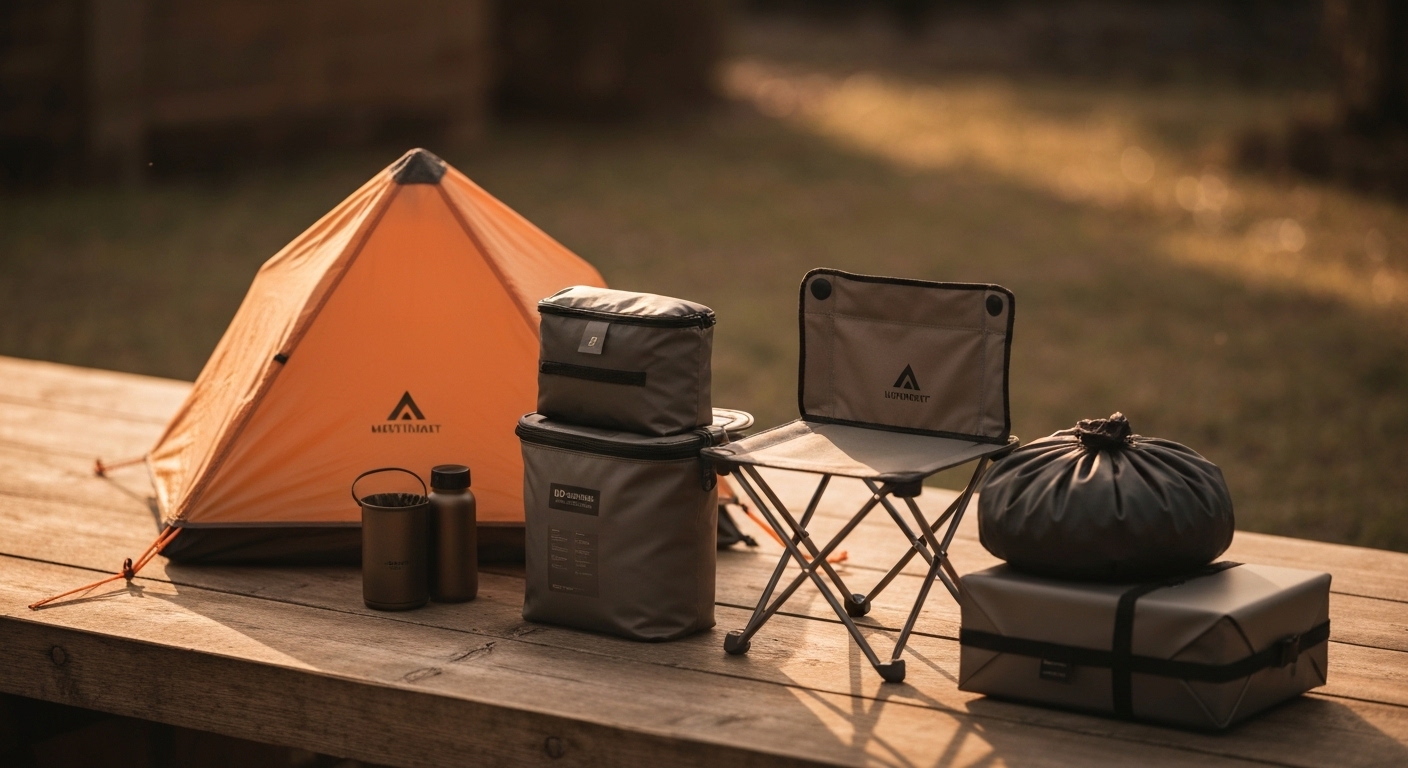 미니멀 캠핑에 필수적인 초경량 텐트 의자 테이블 수납 용품들이 깔끔하게 정리된 모습