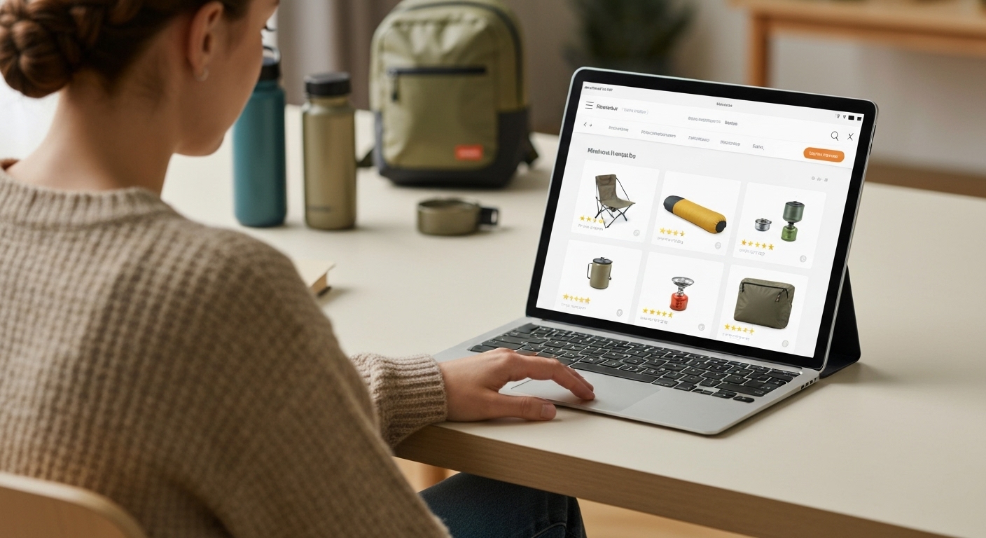 태블릿으로 캠핑 용품 쇼핑 웹사이트를 신중하게 둘러보는 사람의 모습