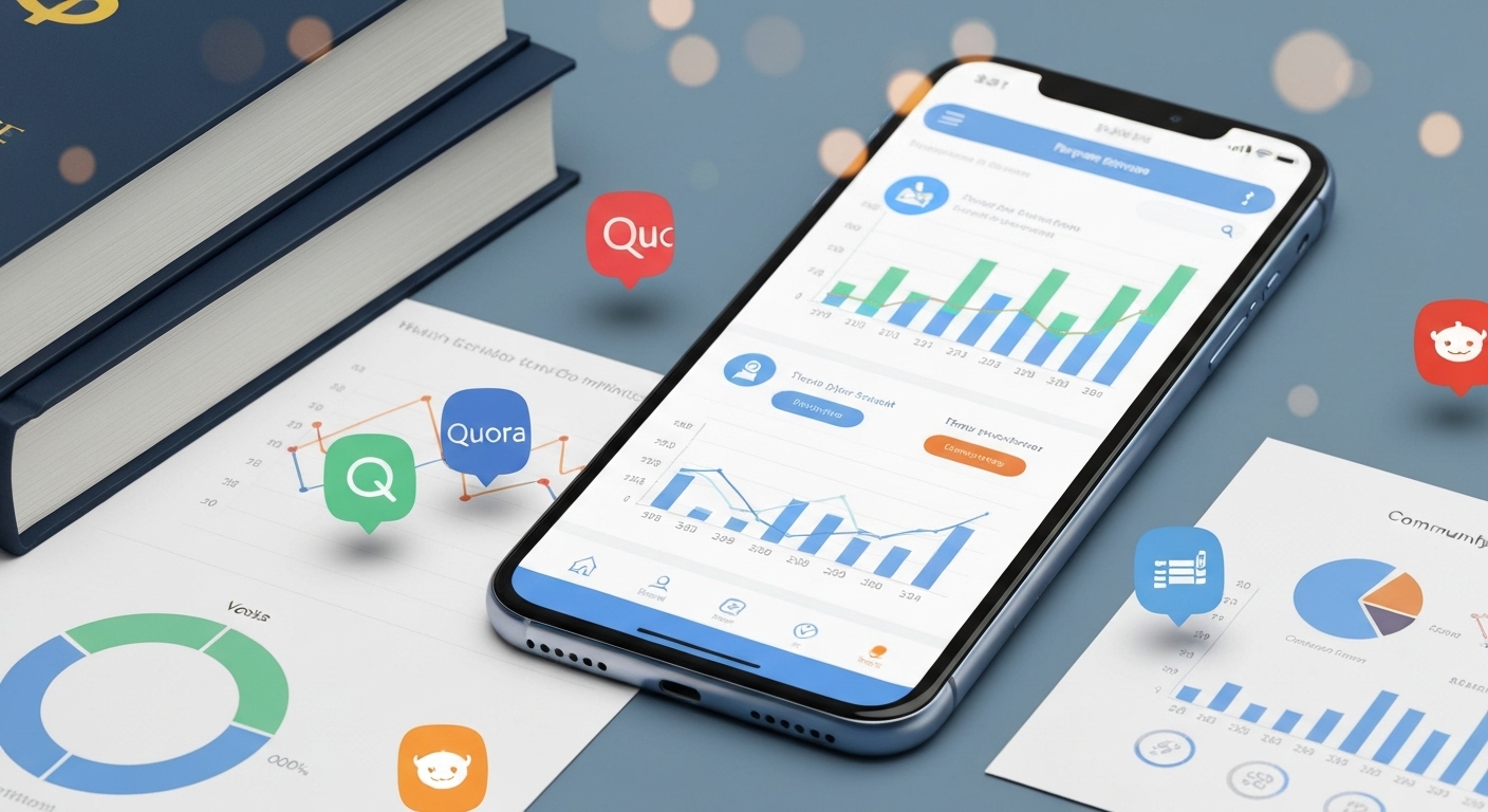 스마트폰 화면에 재테크 앱이 실행되어 있고, 주변에 책, 비교 차트, 커뮤니티 아이콘들이 놓여 재테크의 다양한 요소를 상징하는 모습