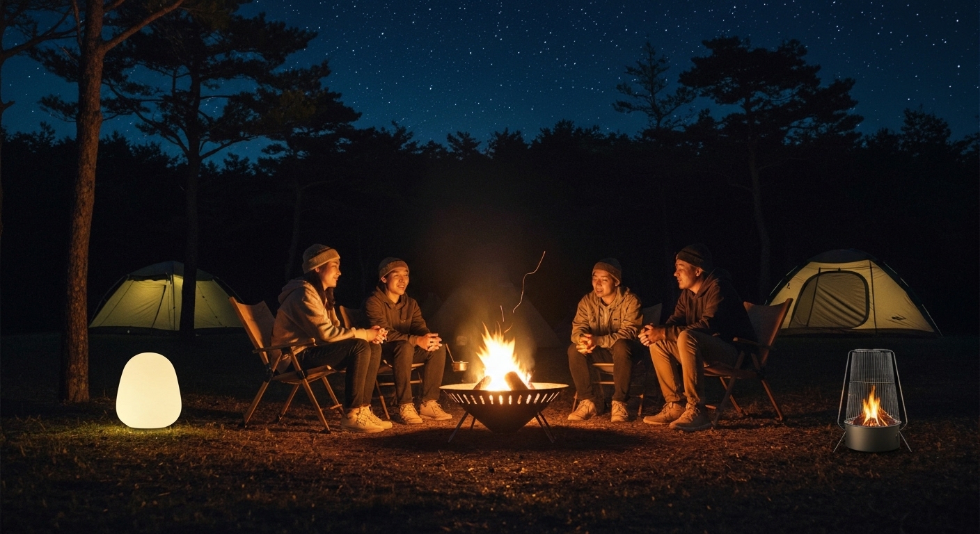 밤하늘 아래 LED 랜턴, 무드등, 미니 화로의 불빛으로 로맨틱하게 빛나는 캠핑장 풍경.