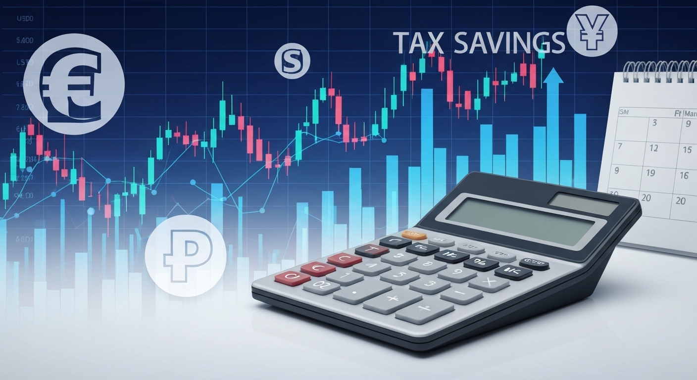 해외 주식 투자 수익에 대한 세금 계산기와 세계 여러 나라의 통화 기호가 있는 주식 차트를 보여주는 이미지