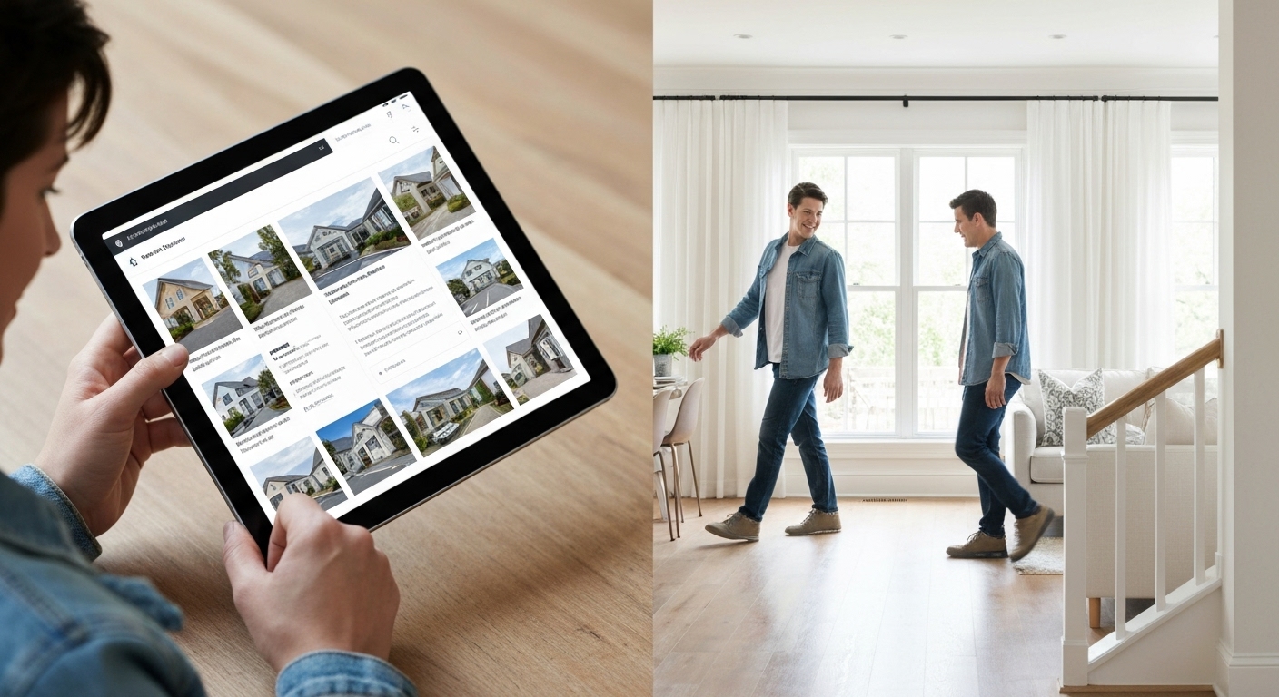 매물을 온라인으로 탐색하고 직접 현장 방문하여 집을 확인하는 모습