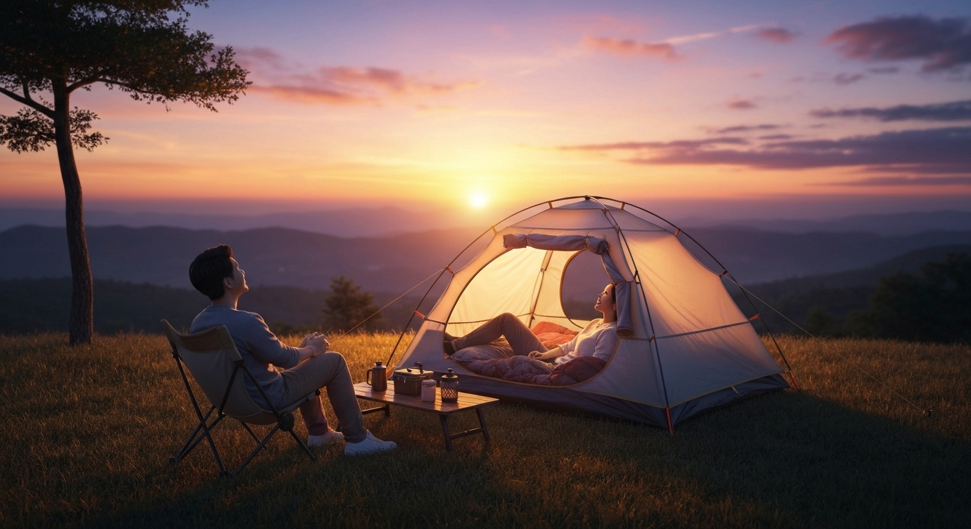 노을 지는 아름다운 캠핑장에서 따뜻한 분위기 속에서 즐거운 시간을 보내는 사람들의 모습.