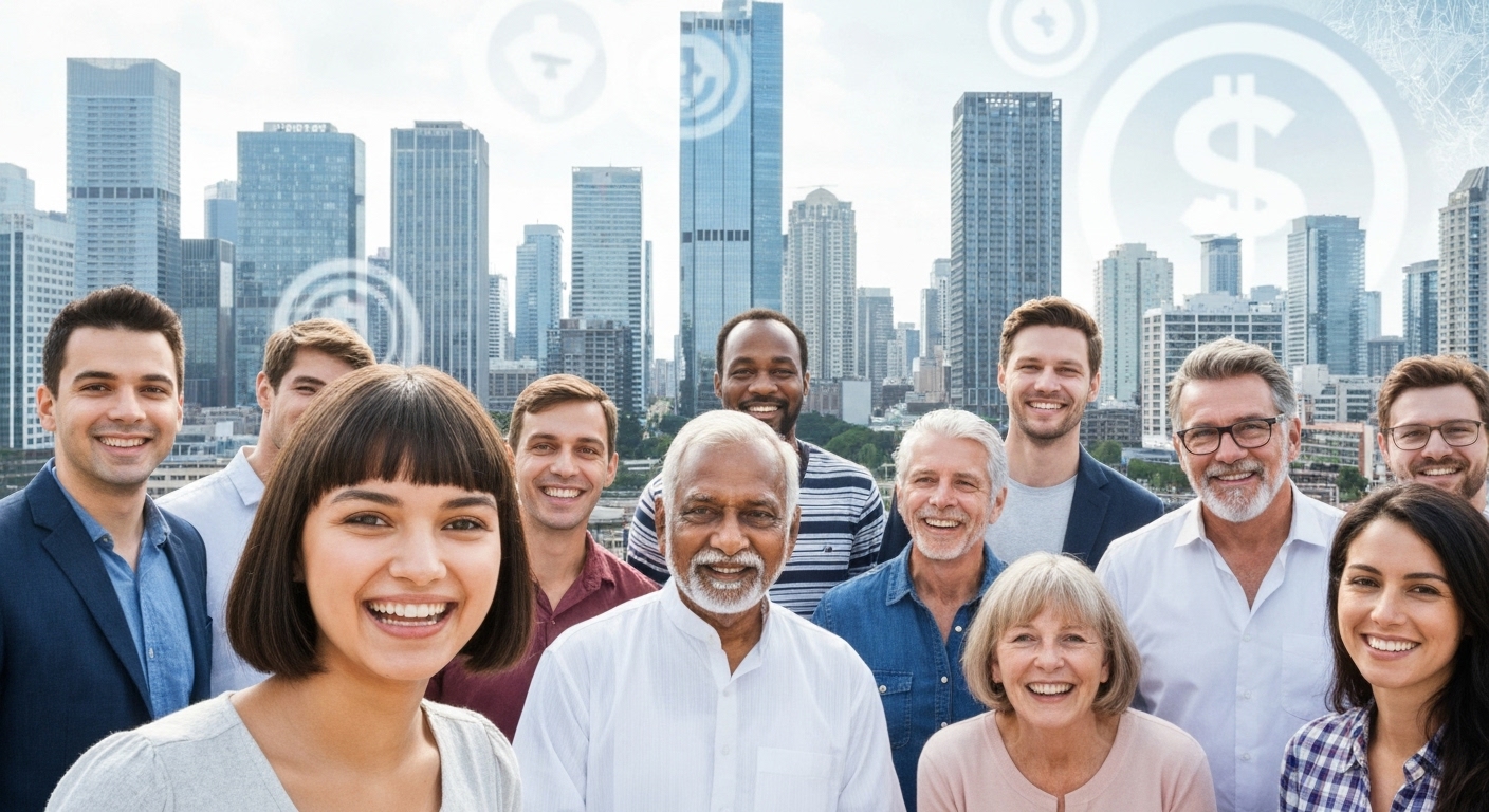 개인연금, 월세 재테크, 은퇴 자산 관리, 상속 증여세 절세 등 다양한 재테크를 통해 밝은 미래를 준비하는 여러 세대의 사람들을 보여주는 이미지.