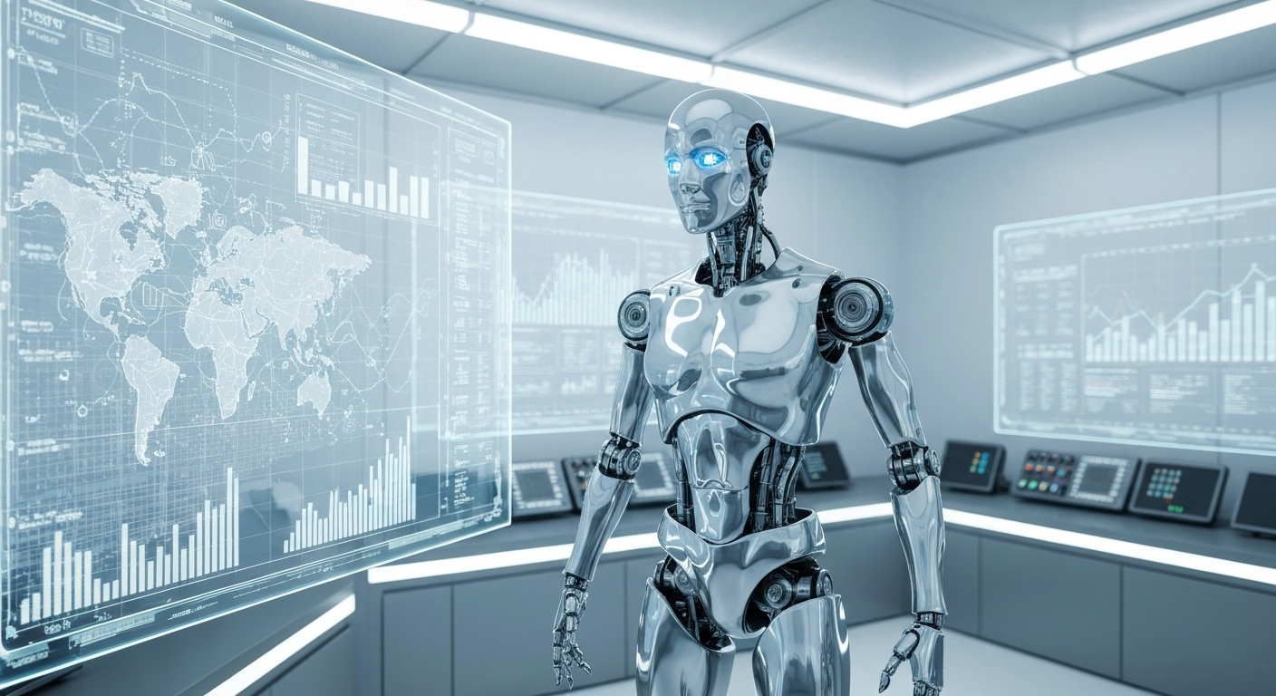 로봇이 금융 차트와 데이터를 분석하여 투자 포트폴리오를 관리하는 모습을 보여주는 이미지