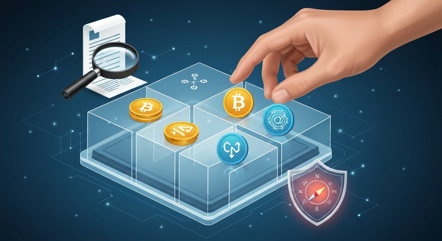 디지털 자산 투자 성공을 위한 핵심 전략과 주의사항을 시각화한 이미지. 분산 투자, 신뢰성 있는 정보 확인, 자기 원칙, 사기 및 규제 대비, 장기적인 관점과 학습의 중요성을 상징하는 요소들.