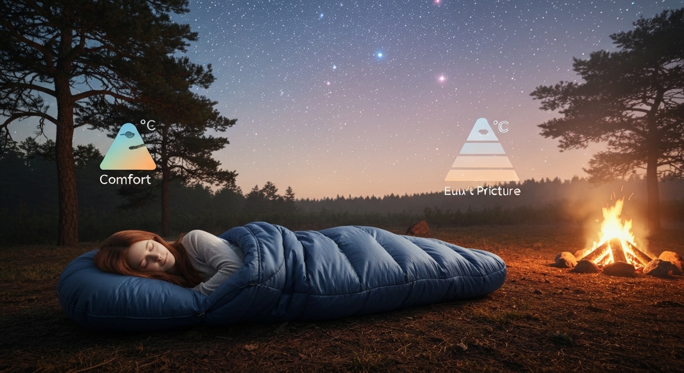다양한 온도 범위에 맞춰 편안하게 잠든 캠퍼의 모습과 침낭 온도 등급을 보여주는 이미지
