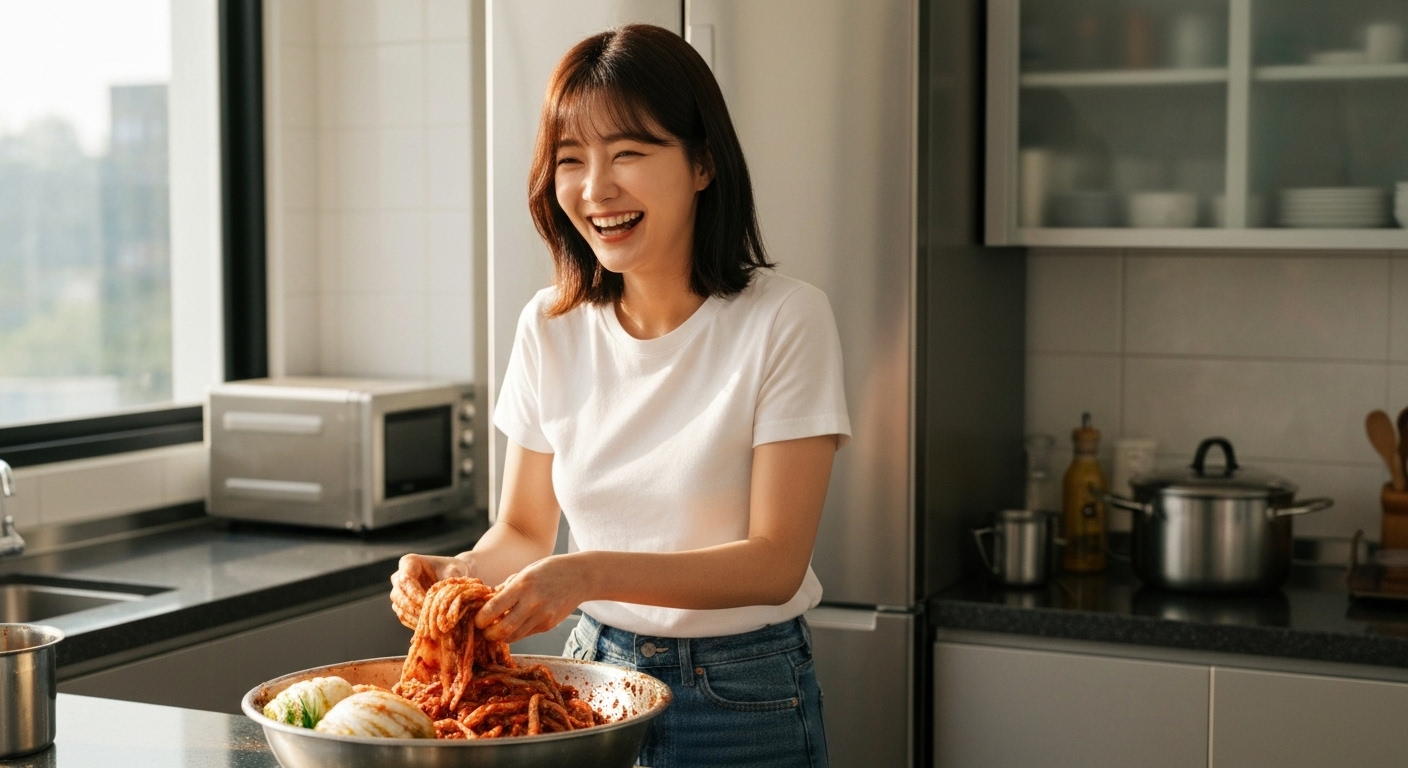 김장 초보가 절임배추로 즐겁게 김치를 만드는 모습.