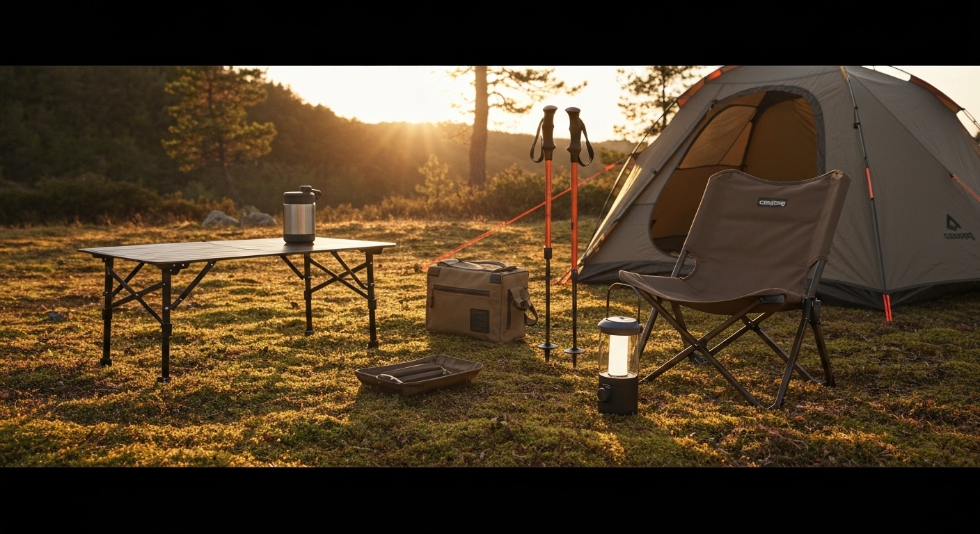 쿠팡에서 엄선한 디자인과 실용성을 겸비한 감성 캠핑 필수품들이 아름답게 진열된 모습.