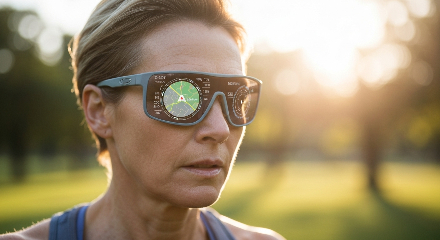 운동 중인 사람이 스마트 글래스를 착용하고 눈앞에 실시간 운동 데이터(심박수, 속도, 지도 등)가 표시되는 모습.