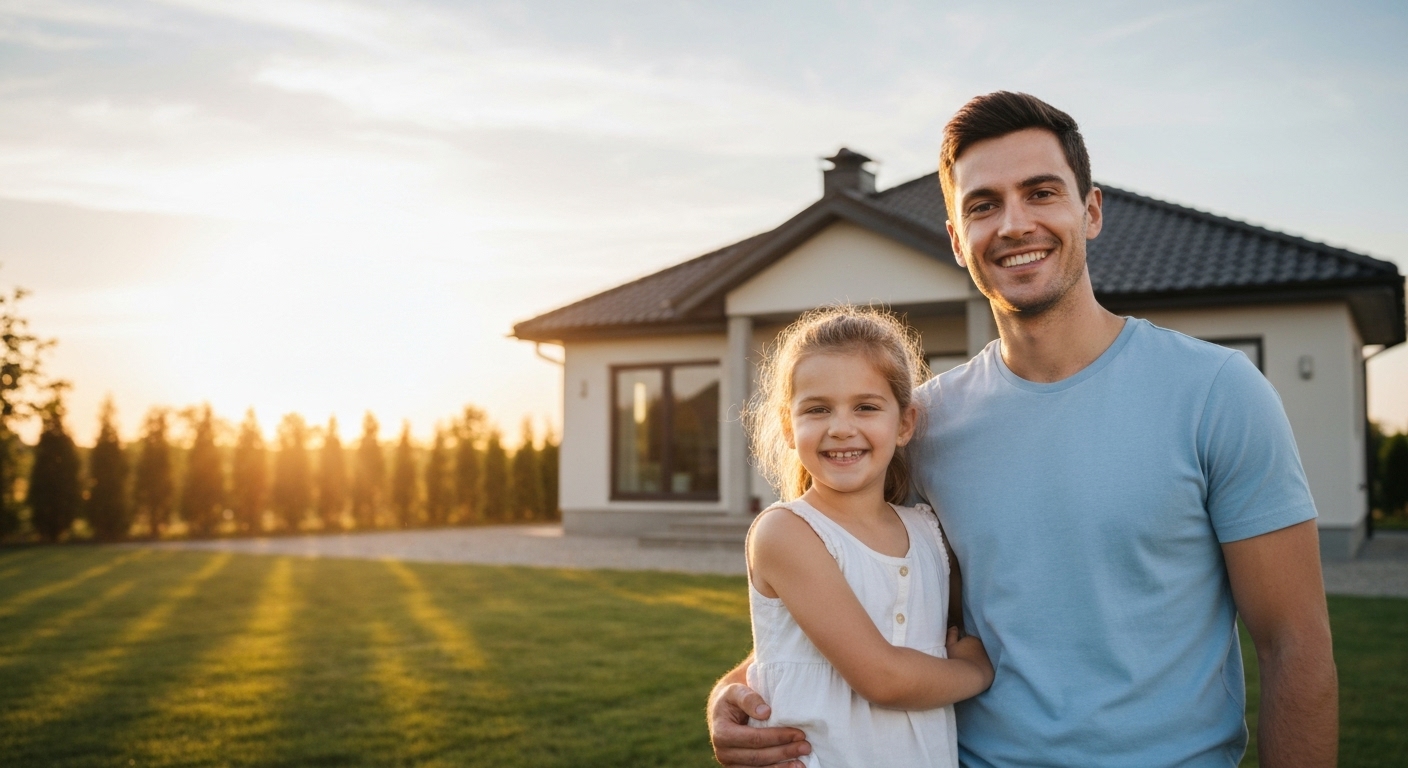 현명한 계획과 노력으로 내 집 마련의 꿈을 이룬 가족이 새 집 앞에서 행복하게 서 있는 모습
