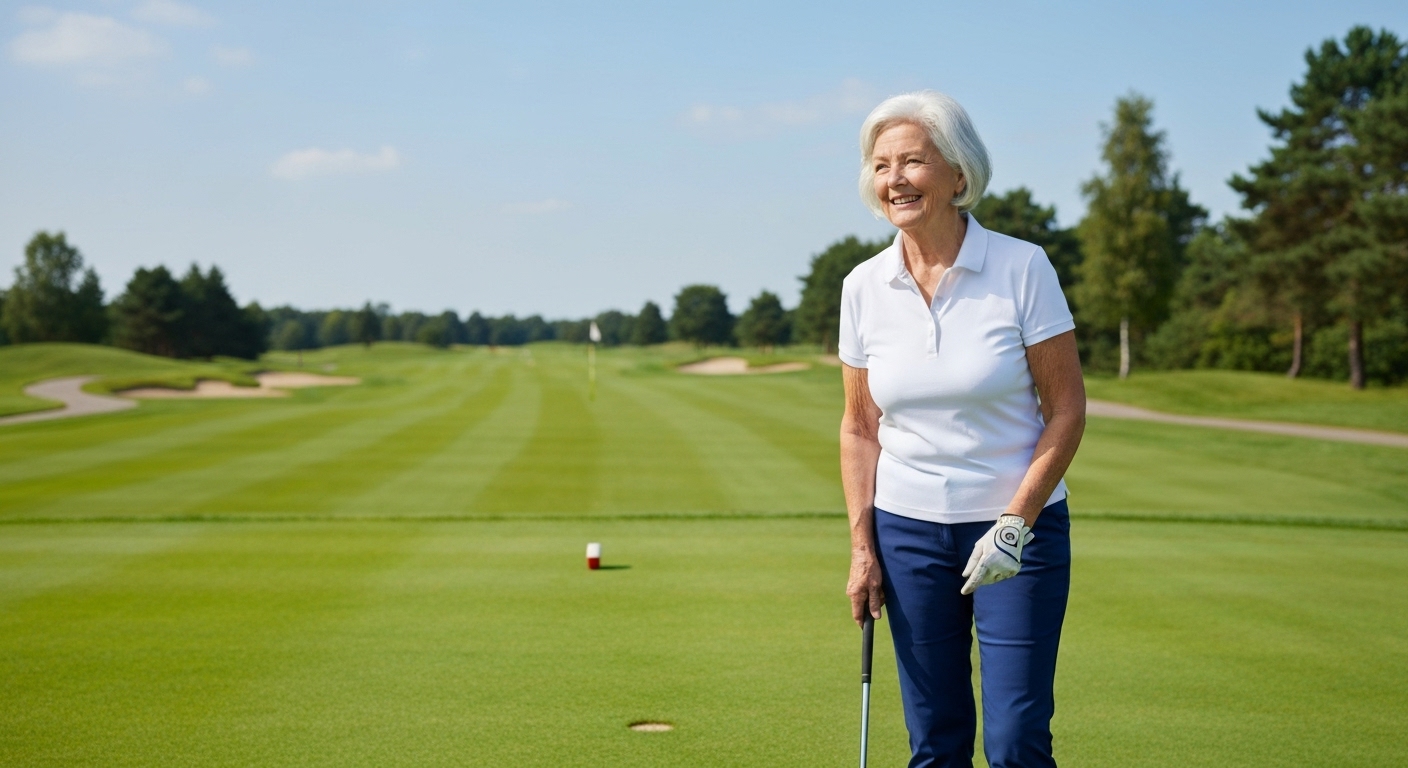 골프 코스에서 세련된 스마트 글래스를 착용하고 퍼팅 라인을 읽거나 거리를 측정하는 골퍼의 모습.