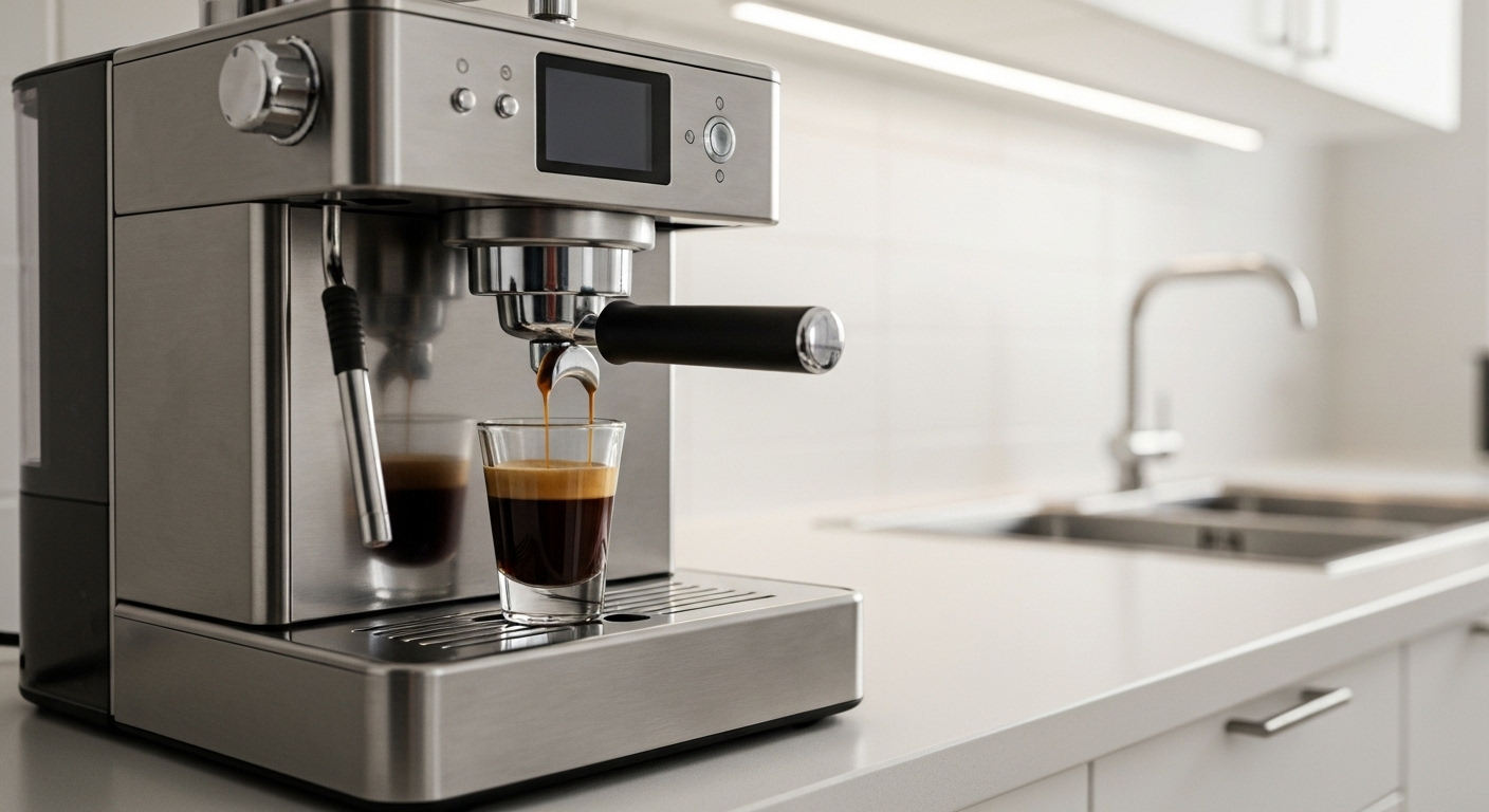 현대적인 주방에 있는 반자동 에스프레소 머신에서 풍부한 크레마가 있는 에스프레소가 투명한 샷 글라스로 추출되는 모습.
