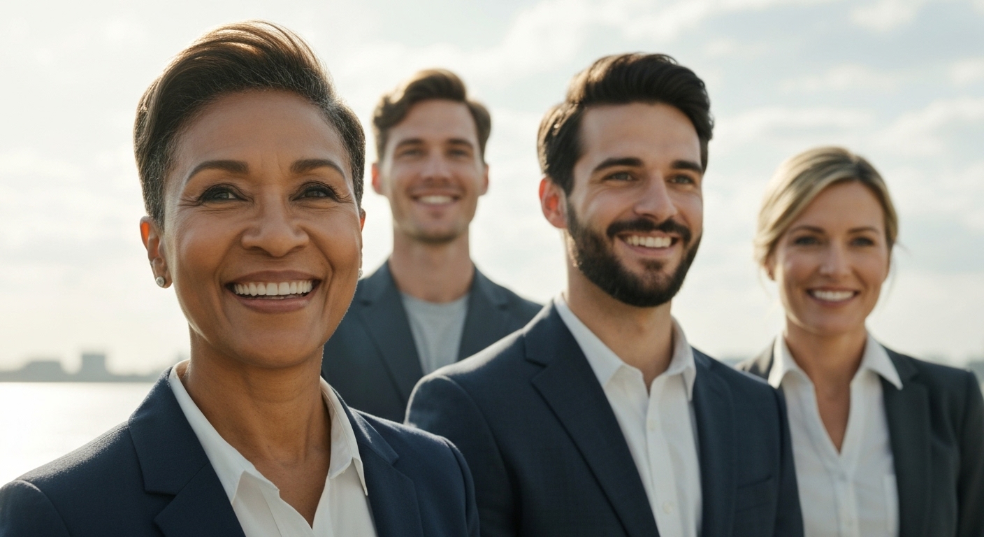 다양한 연령대의 직장인들이 밝은 미래를 향해 바라보며 안정적인 노후를 준비하는 모습.