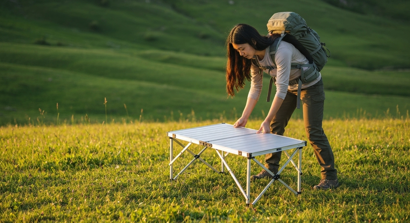 가볍고 작은 알루미늄 롤 테이블을 야외에서 쉽게 조립하는 모습