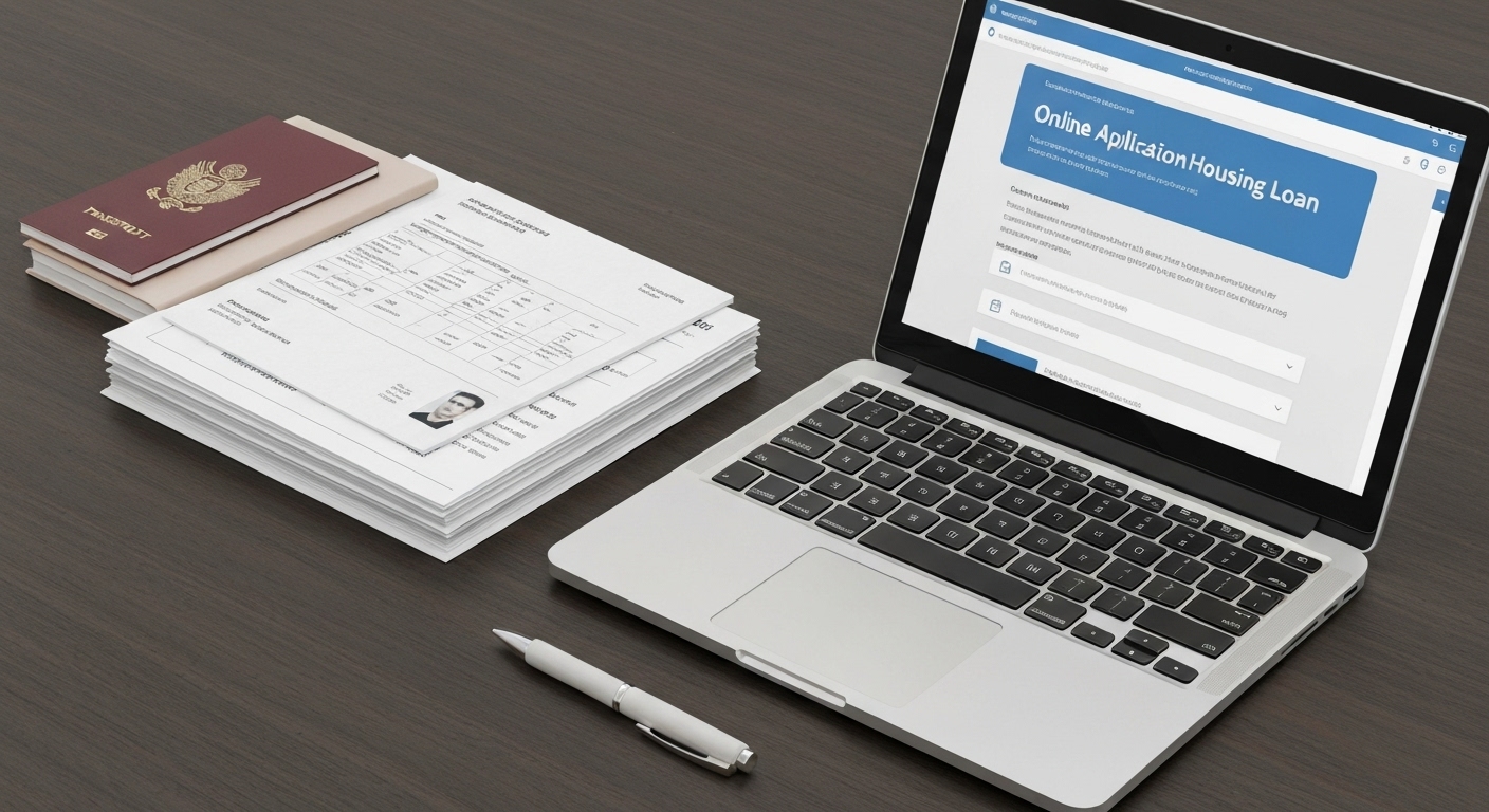 보금자리론 신청을 위한 서류들이 깔끔하게 정리되어 있고, 온라인 신청 화면이 보이는 모습