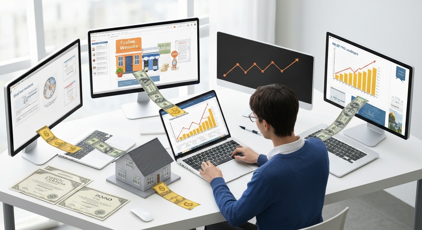 부업으로 얻은 추가 수입을 다양한 투자처에 분산 투자하여 자산을 증식하고 포트폴리오를 다각화하는 모습을 담은 이미지.