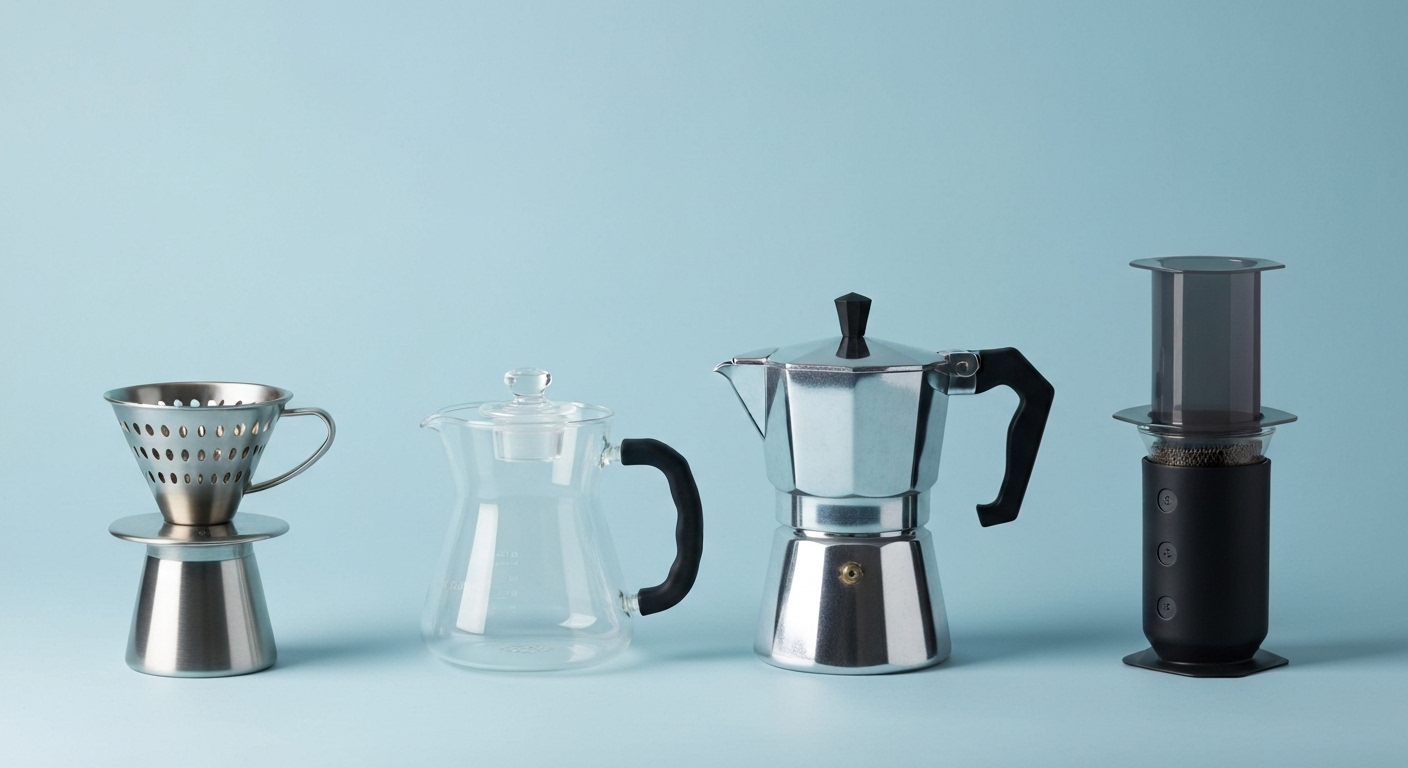 다양한 드립 커피 도구인 하리오 V60 드리퍼, 케멕스, 프렌치 프레스, 모카포트, 에어로프레스가 예술적으로 배치된 모습.