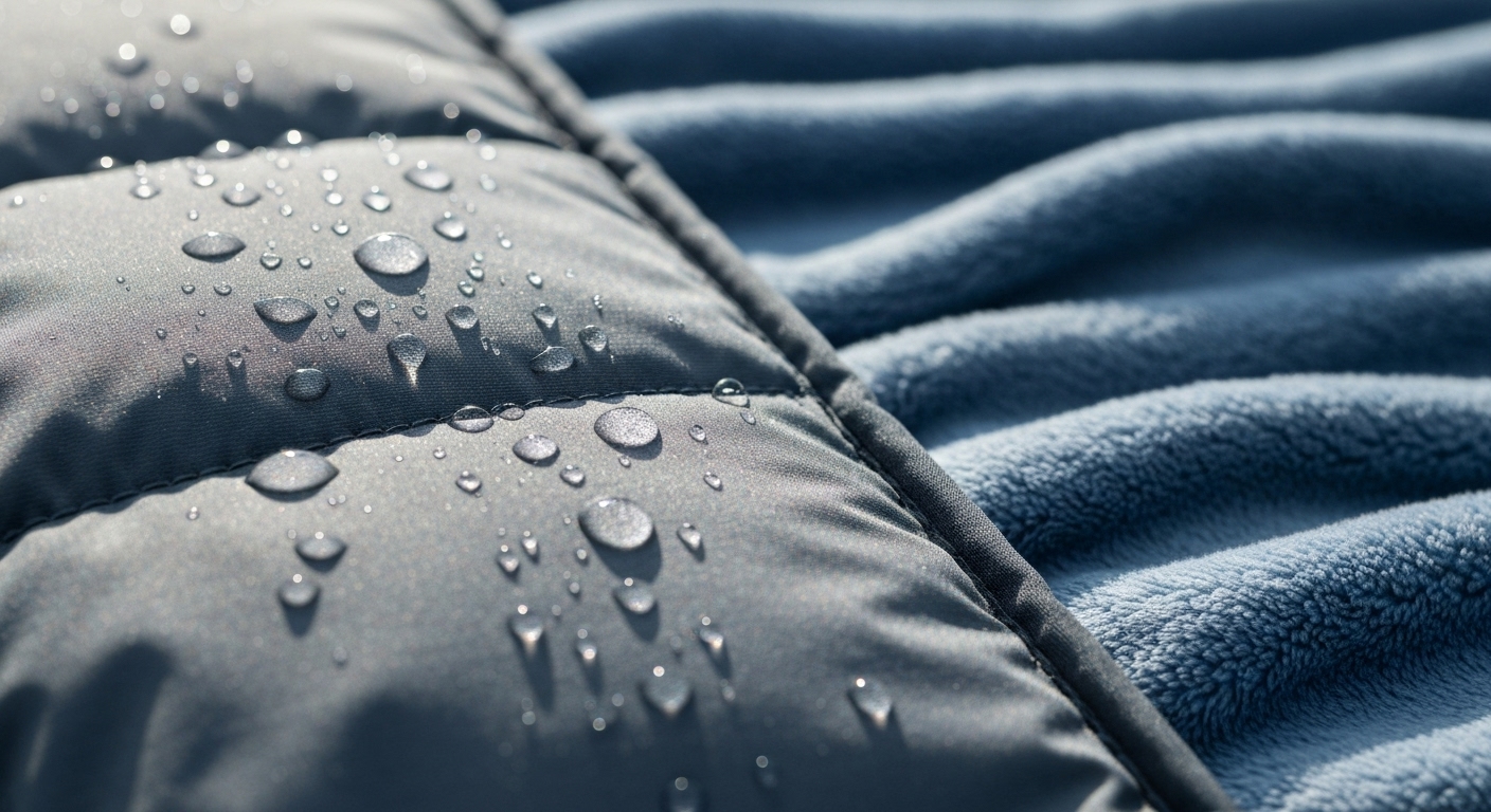방수 기능이 있는 침낭 겉감과 부드러운 안감 소재를 보여주는 클로즈업 이미지