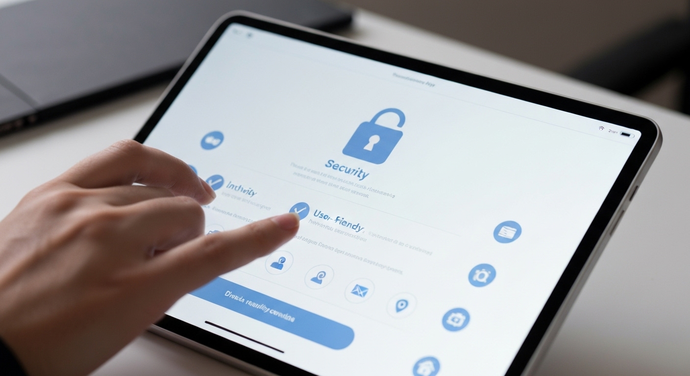 손이 태블릿 화면을 터치하고 있으며, 화면에는 보안, 사용 편의성, 기능 등 재테크 앱 선택 기준을 나타내는 체크리스트와 아이콘들이 명확하게 표시되어 있다.