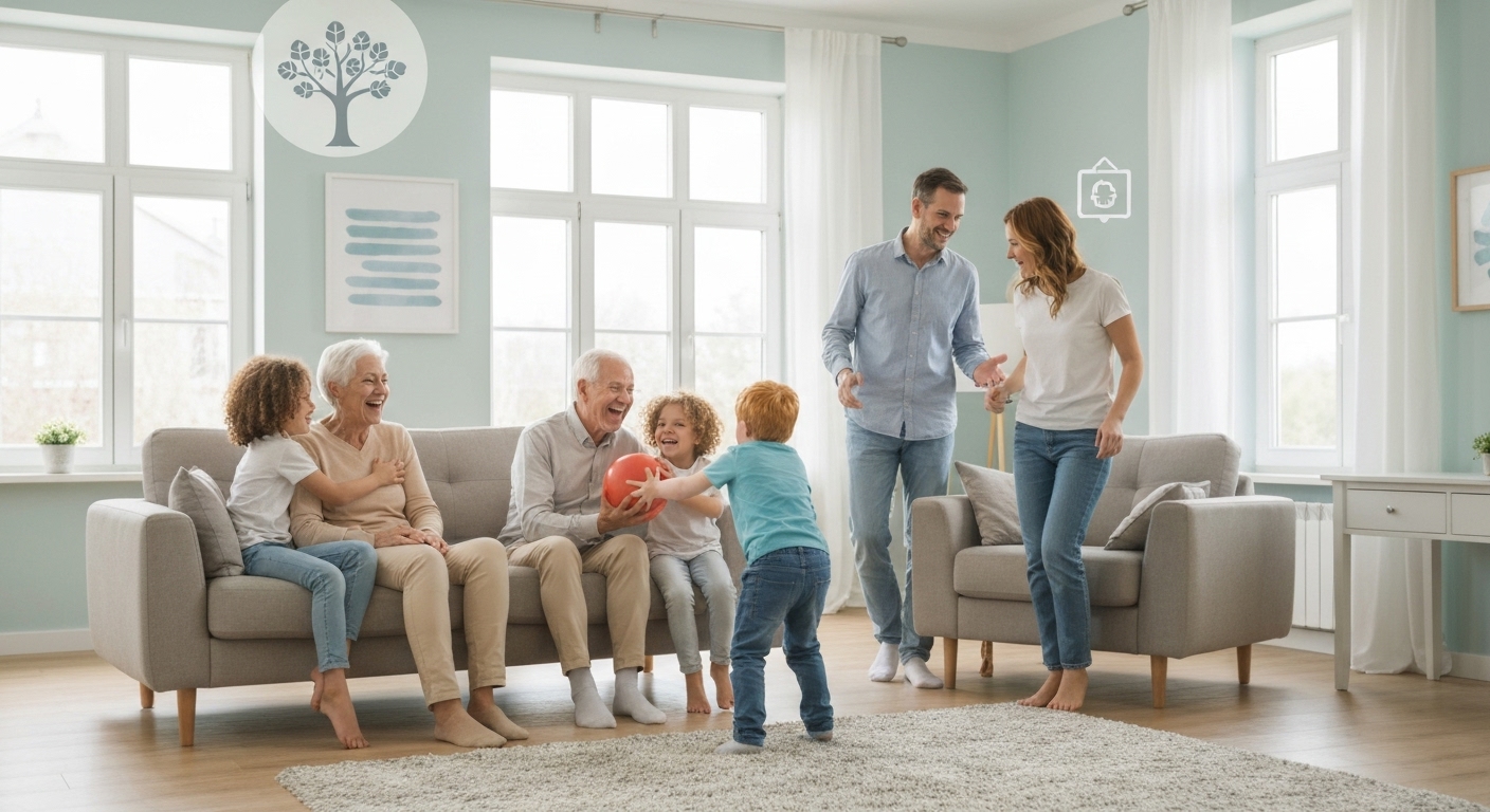 상속 증여세 절세 전략을 통해 세대 간 부를 현명하게 물려주는 행복한 대가족의 모습.