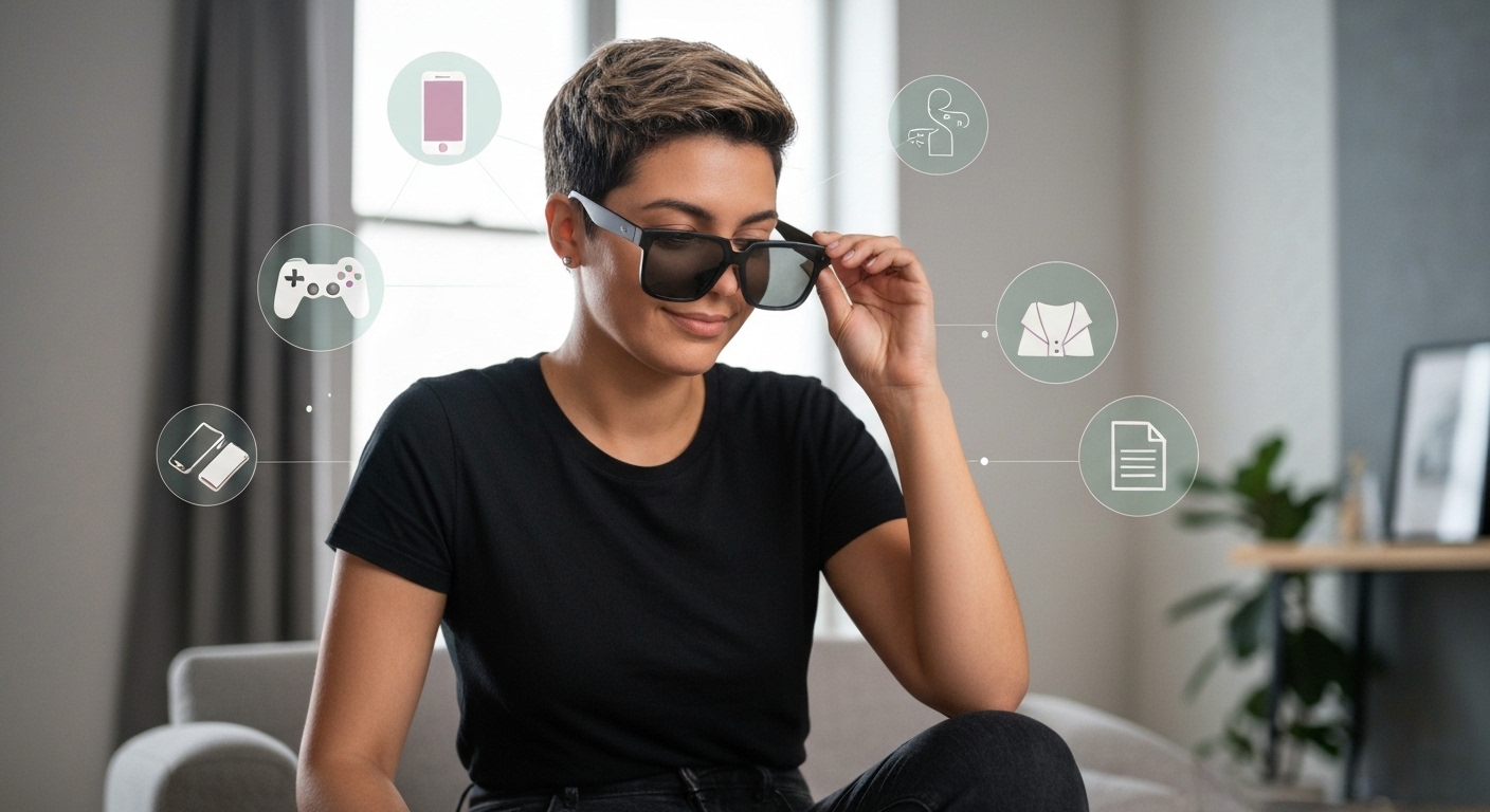 개인의 사용 목적과 예산에 맞춰 AR 글래스를 신중하게 선택하는 사람의 모습, 주변에는 다양한 활용 분야를 상징하는 아이콘들이 떠다님