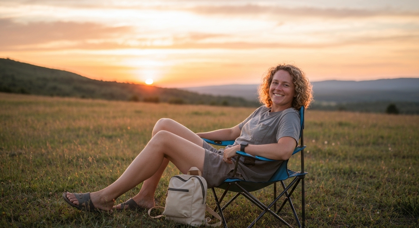 경치 좋은 자연을 바라보며 가벼운 캠핑 의자에 앉아 휴식을 취하는 사람의 모습