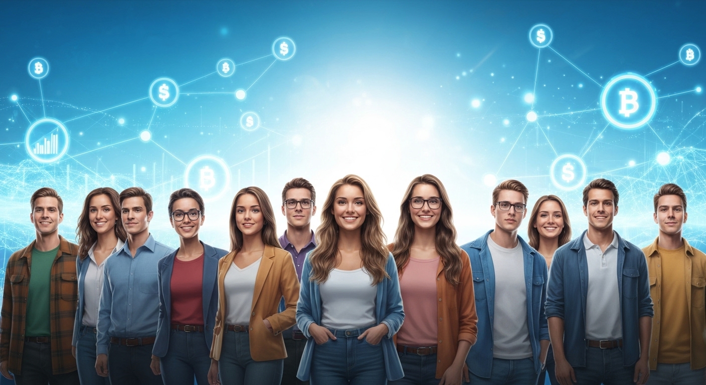 현명한 디지털 자산 및 P2P 투자로 밝은 미래를 준비하는 MZ세대의 모습을 표현한 희망적인 이미지.