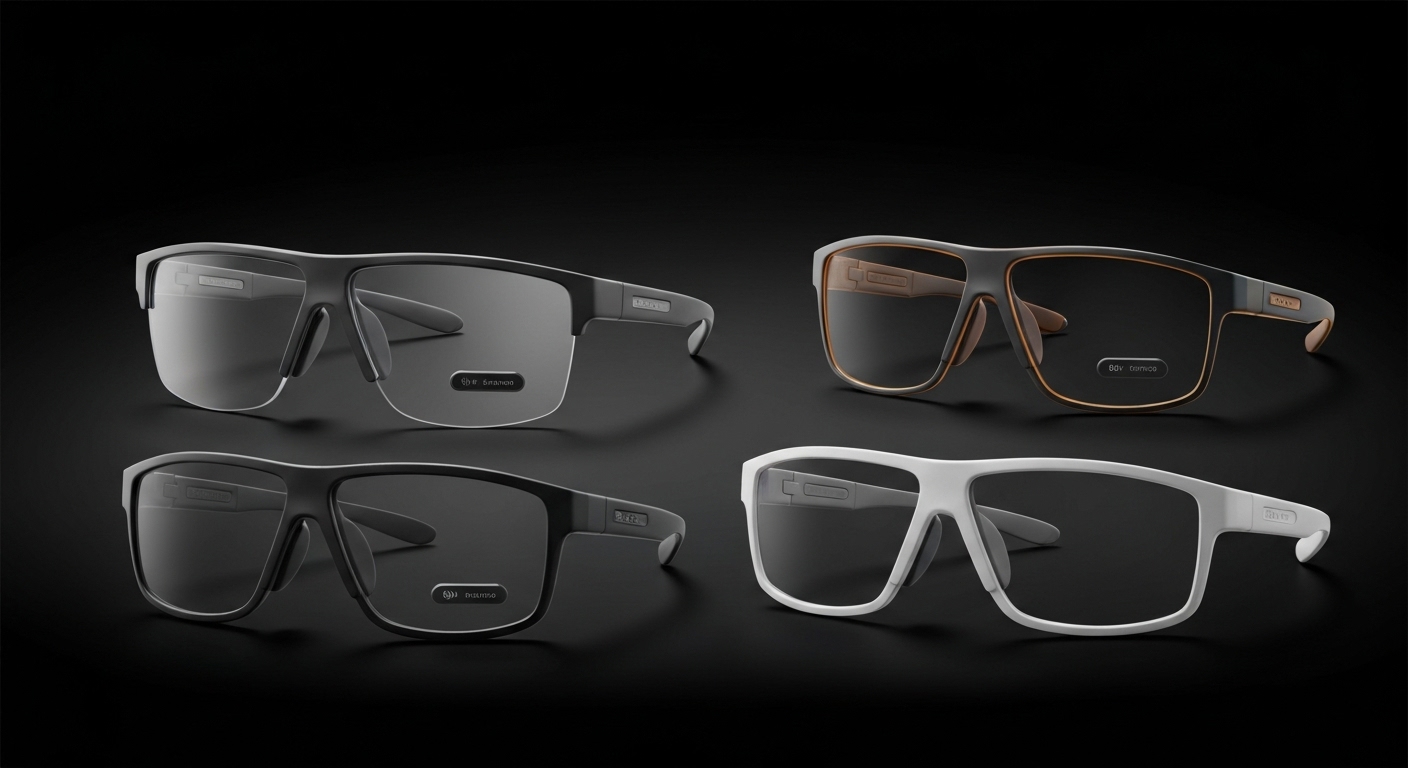 다양한 종류의 스포츠 스마트 글래스들이 놓여 있고, 그 옆에 구매 시 고려해야 할 체크리스트가 시각적으로 표현된 모습.