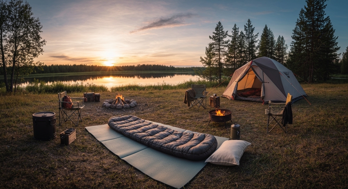 완벽하게 준비된 캠핑 장비들로 꾸며진 아름다운 캠핑장의 전경
