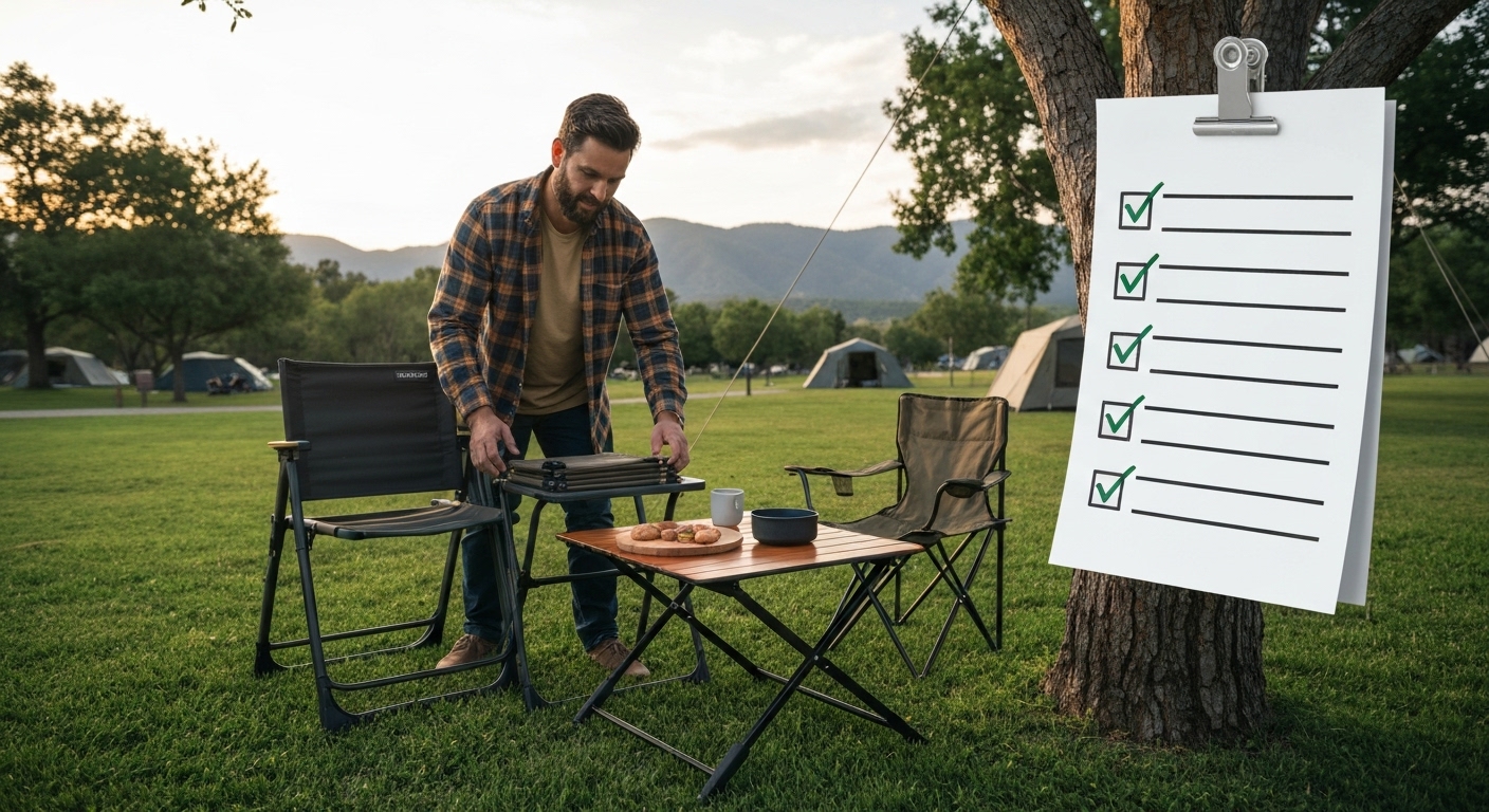 캠핑장에서 휴대용 캠핑 의자와 테이블을 꼼꼼하게 비교하며 체크리스트를 확인하는 모습