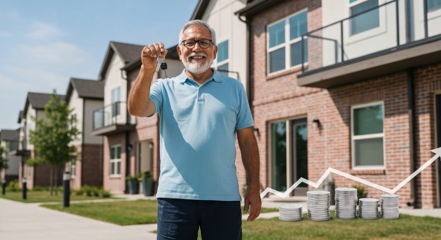 월세 재테크를 통해 안정적인 임대 수익을 얻으며 기뻐하는 사람과 그 뒤로 보이는 현대적인 건물.