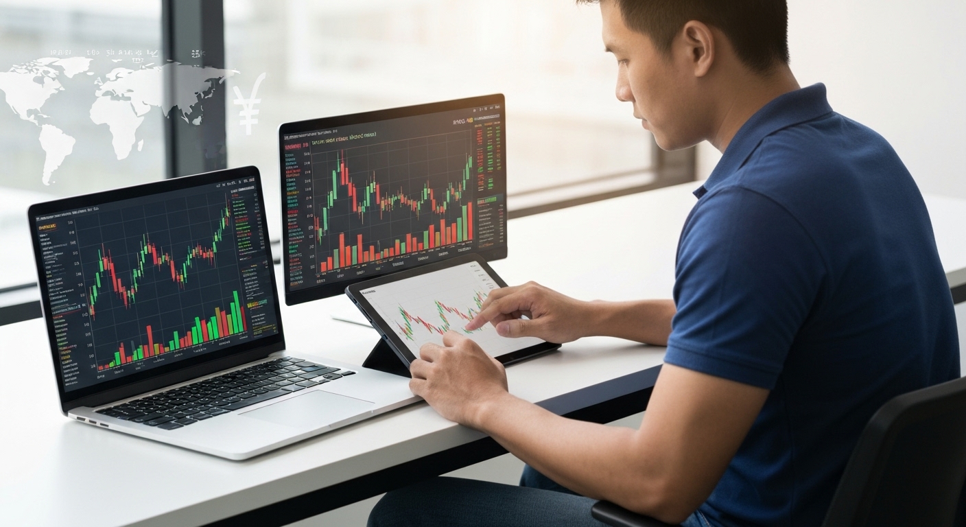 전 세계 여러 국가의 주식 시장을 넘나들며 해외 주식에 투자하는 MZ세대 투자자의 모습.