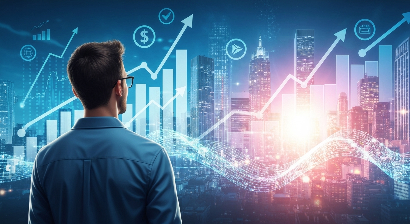 MZ세대가 소액 투자를 통해 경제적 자유를 이루고 밝은 미래를 향해 나아가는 희망찬 모습