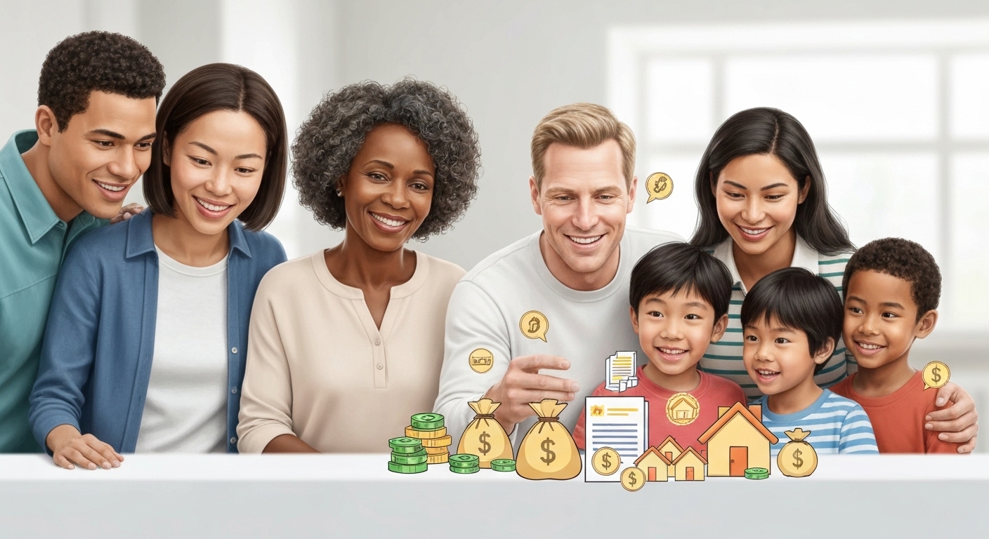 정부의 다양한 주택 구매 혜택을 알아보고 기뻐하는 사람들의 모습