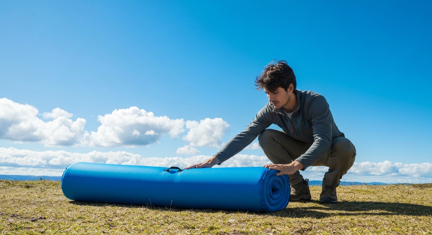 작고 가볍게 말아지는 미니멀 캠핑 에어매트의 휴대성을 보여주는 이미지