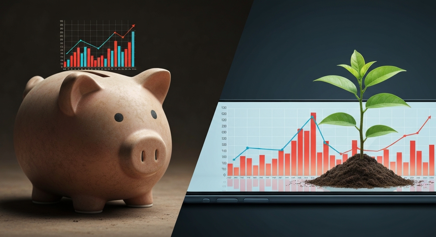 정체된 저금리 예적금과 꾸준히 성장하는 소액 투자를 대조적으로 보여주는 이미지