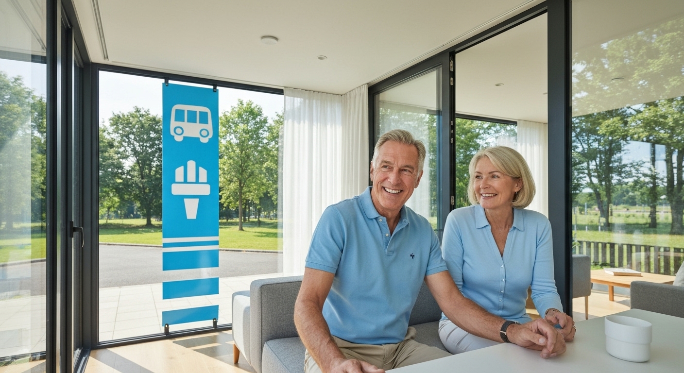 50대 부부가 다운사이징된 주택에서 여유로운 노후를 즐기는 모습