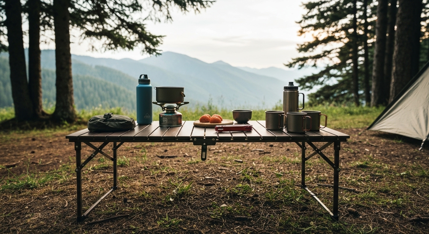 다양한 캠핑 장비와 음식물이 놓여 있는 견고한 백패킹 테이블의 모습