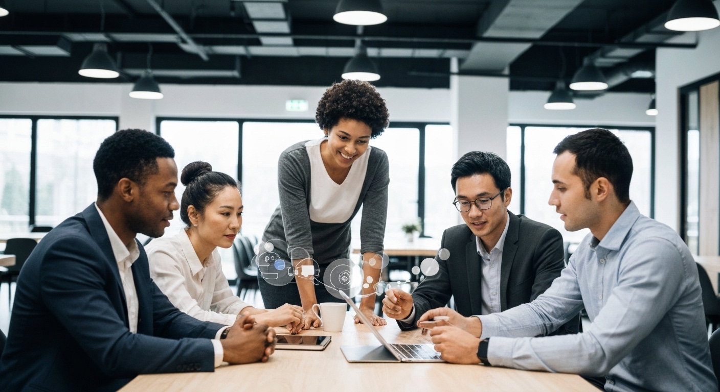 현대적인 코워킹 공간에서 다양한 배경의 사람들이 테이블에 모여 금융 주제에 대해 활발하게 토론하고 정보를 공유하는 모습
