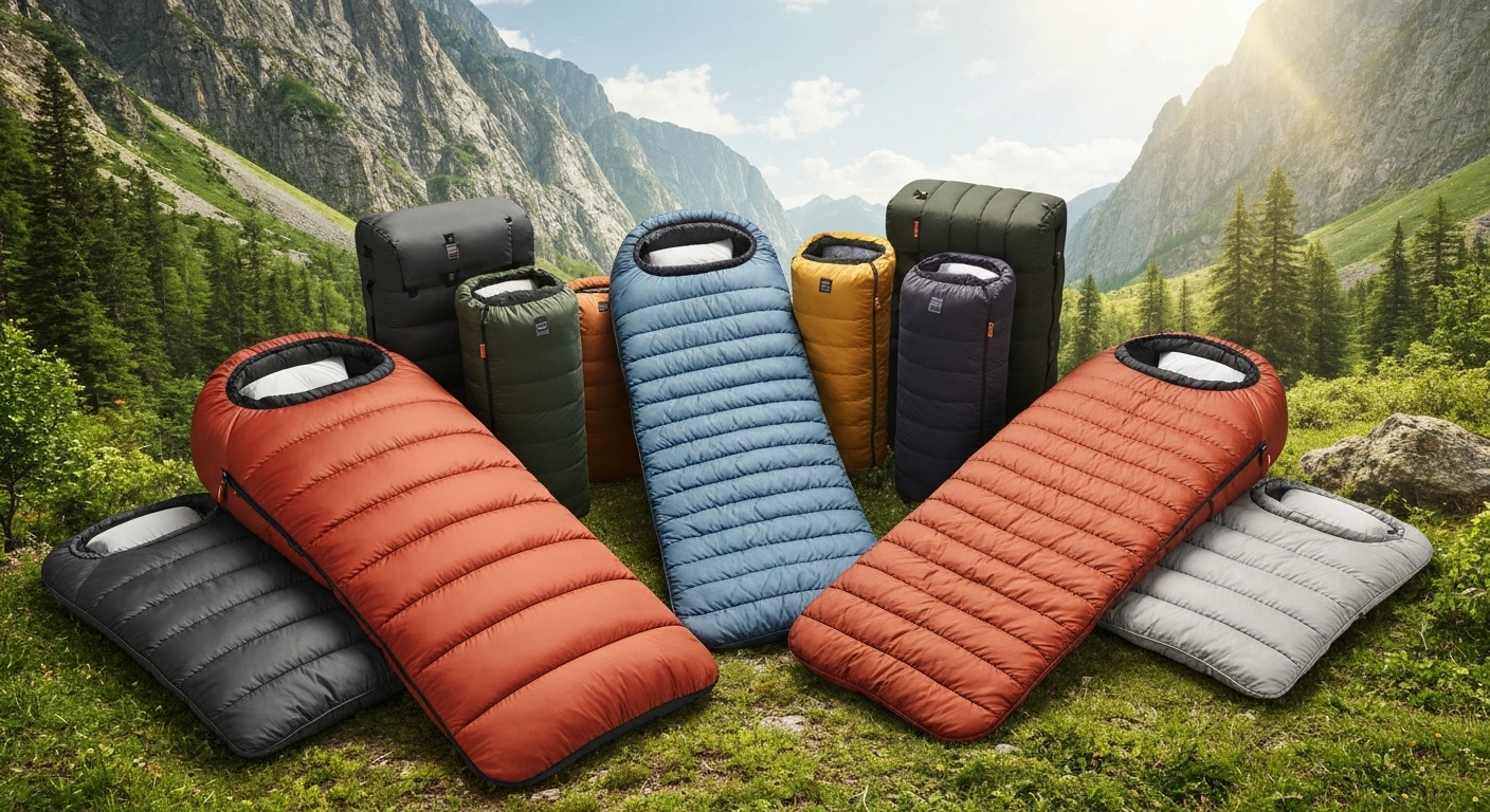 다양한 형태와 가격대의 캠핑 침낭들이 진열되어 있는 모습
