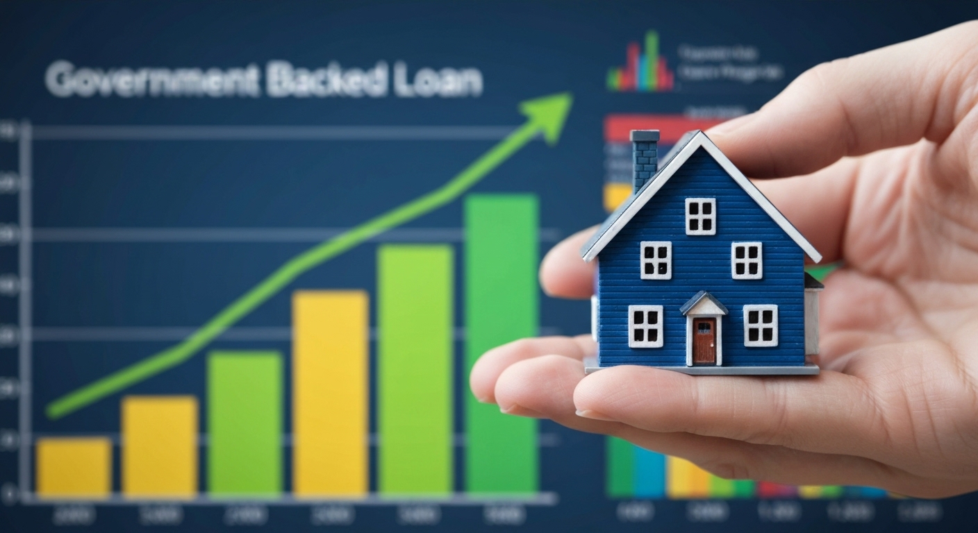 든든한 정부 지원 대출을 상징하는 손에 들린 작은 집과 상승 그래프