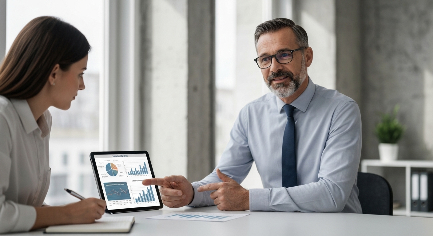 복잡한 세금 서류 앞에서 혼란스러워하는 고객에게 전문가가 명확하게 설명해주는 모습