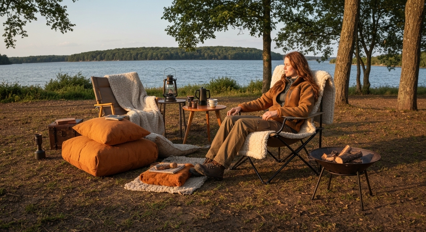 색상 조화, 레이어링, 소품 배치의 노하우가 적용된 세련되고 감각적인 캠핑 연출 모습.