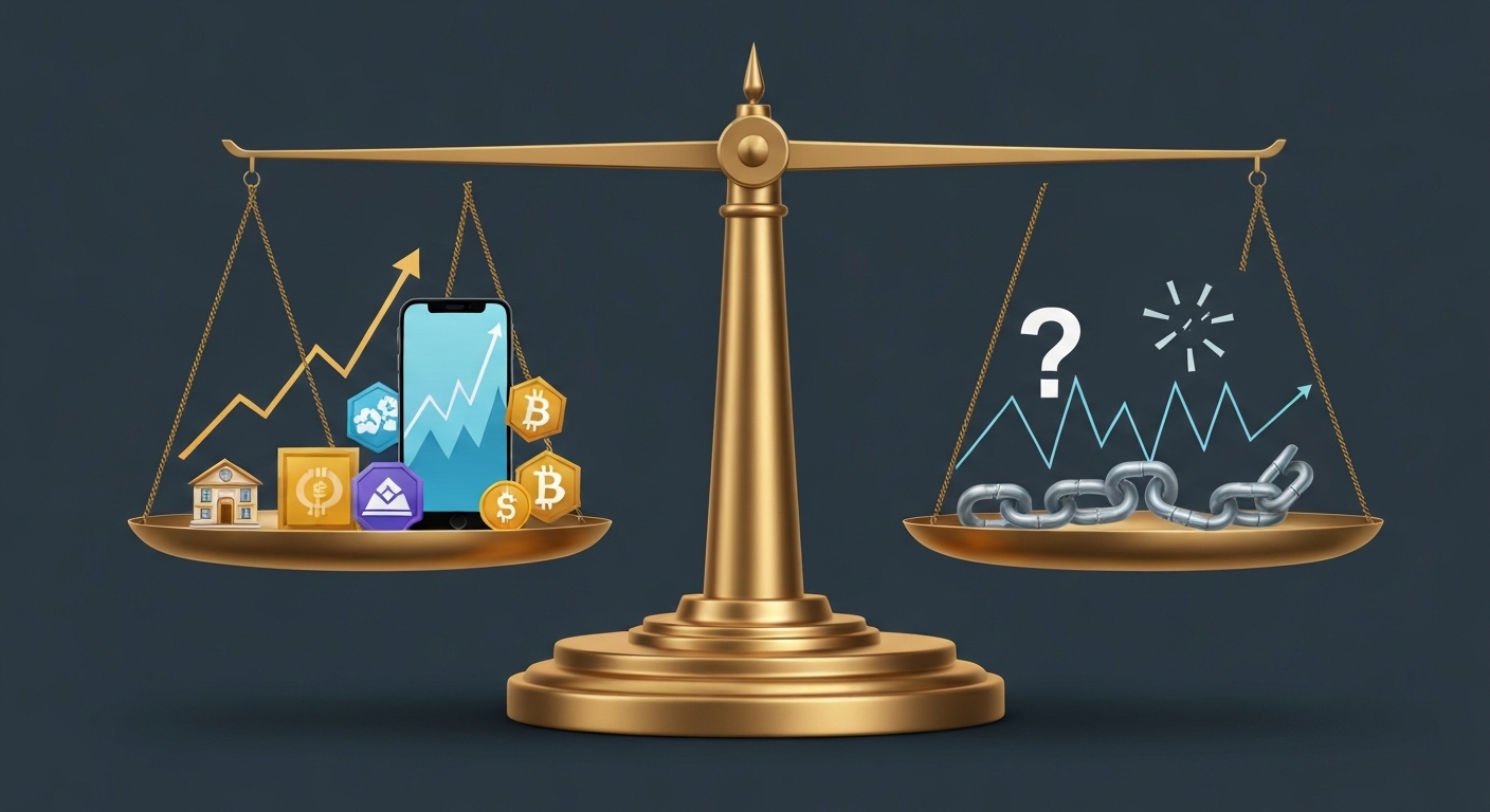 디지털 자산 투자의 장점(높은 수익률, 소액 투자, 접근성, 다양한 기회)과 단점(높은 위험성, 규제 불확실성, 정보 비대칭성, 유동성 부족)을 상징하는 균형 잡힌 저울 이미지.
