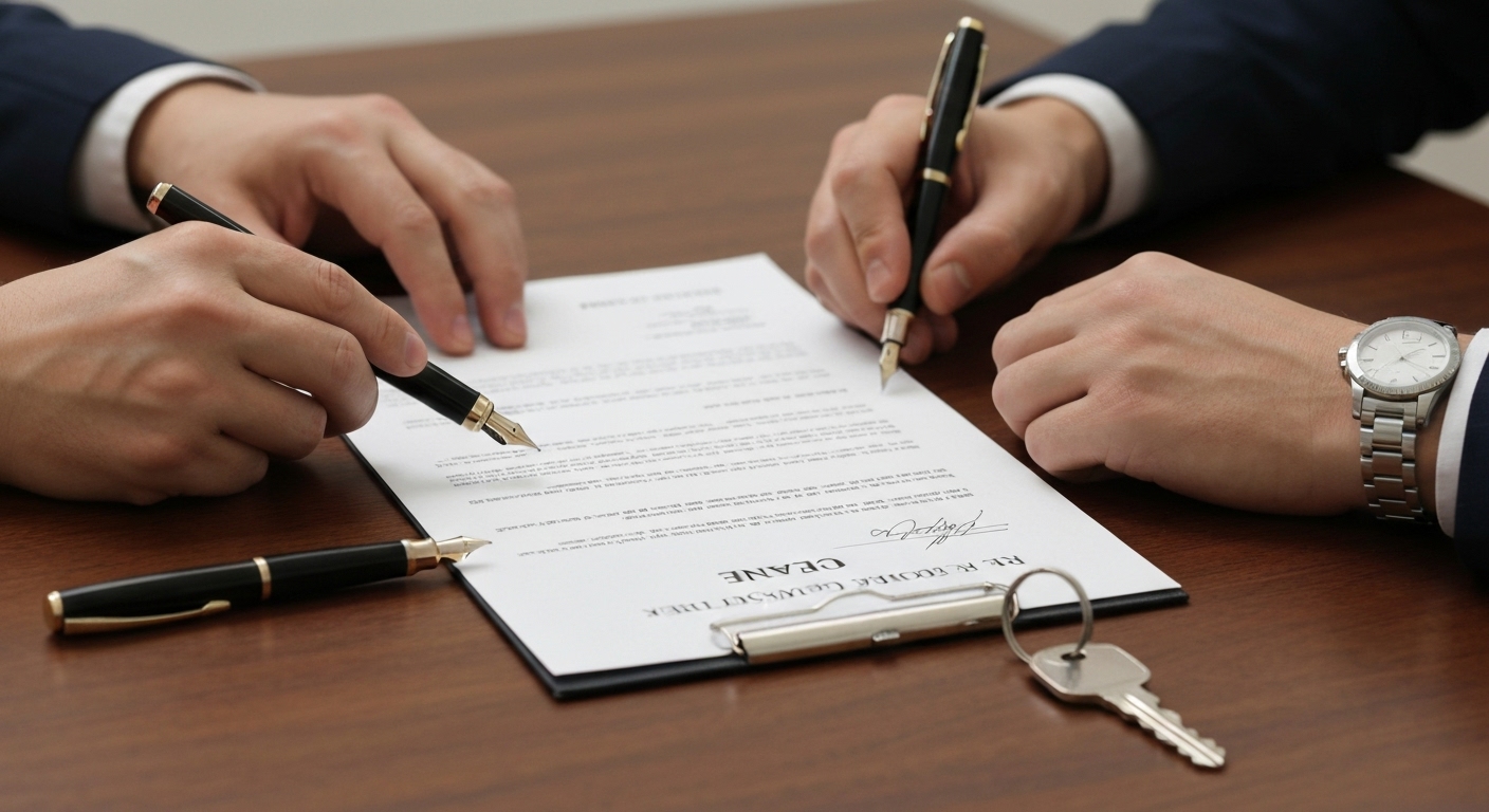 중요한 부동산 매매 계약서에 서명하는 손